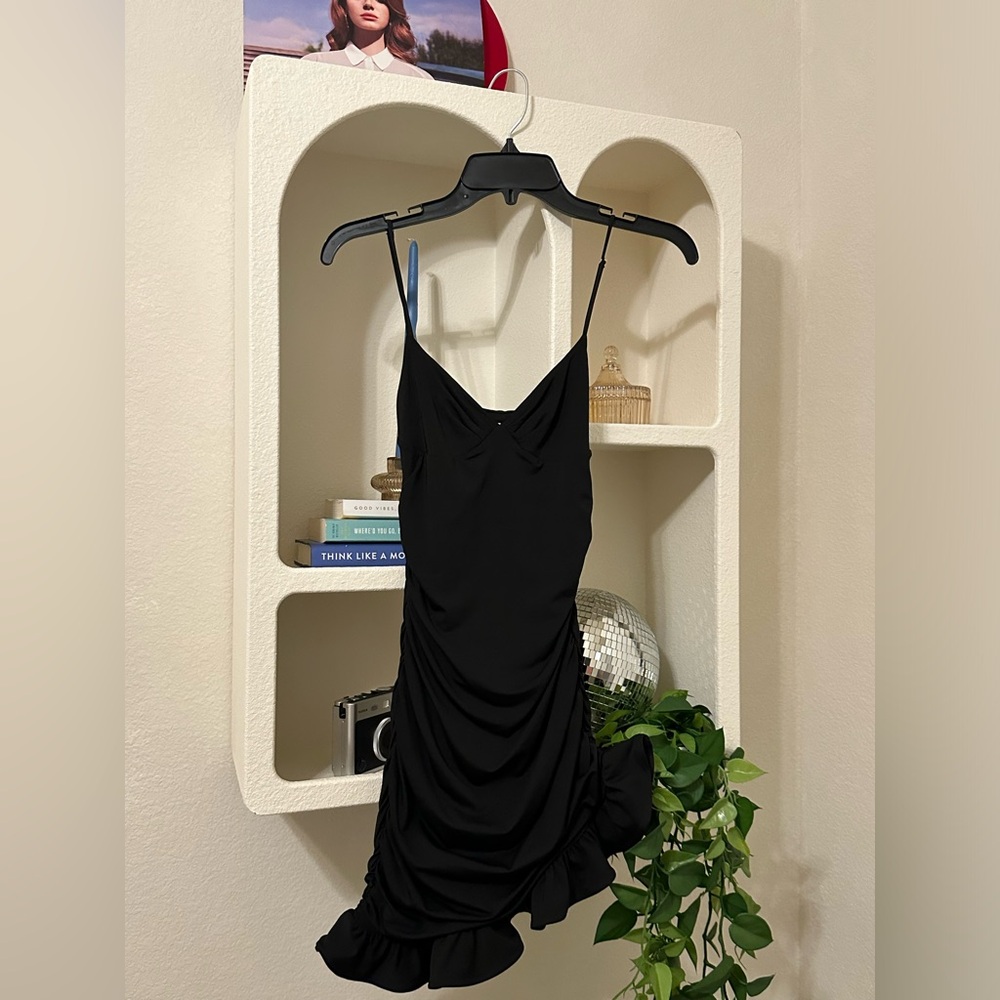 Oh Polly ruched asymmetrical black dress